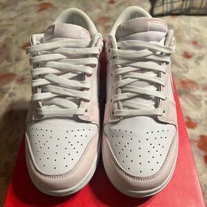 Woman’s Nike dunk low, rose pink and white pearl size 10